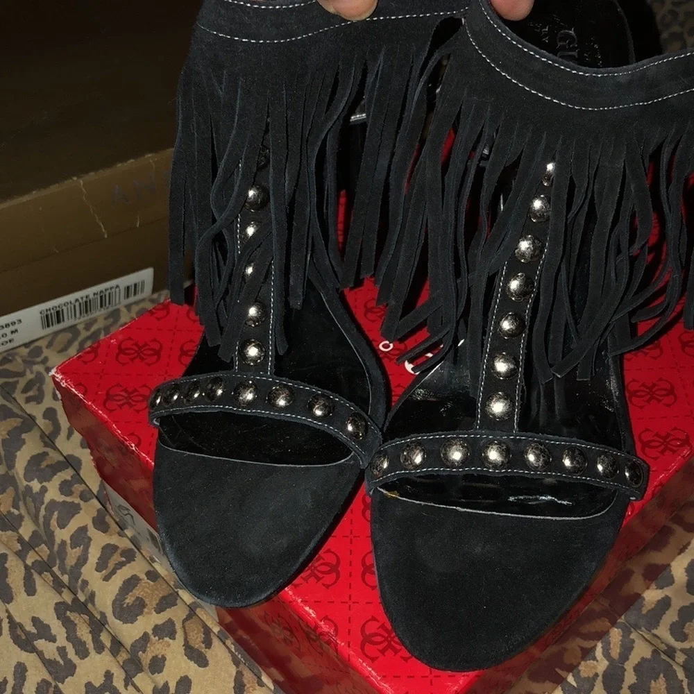 Guess Size 10 black Galiena Strappy heels with Fringe And Silver Studs